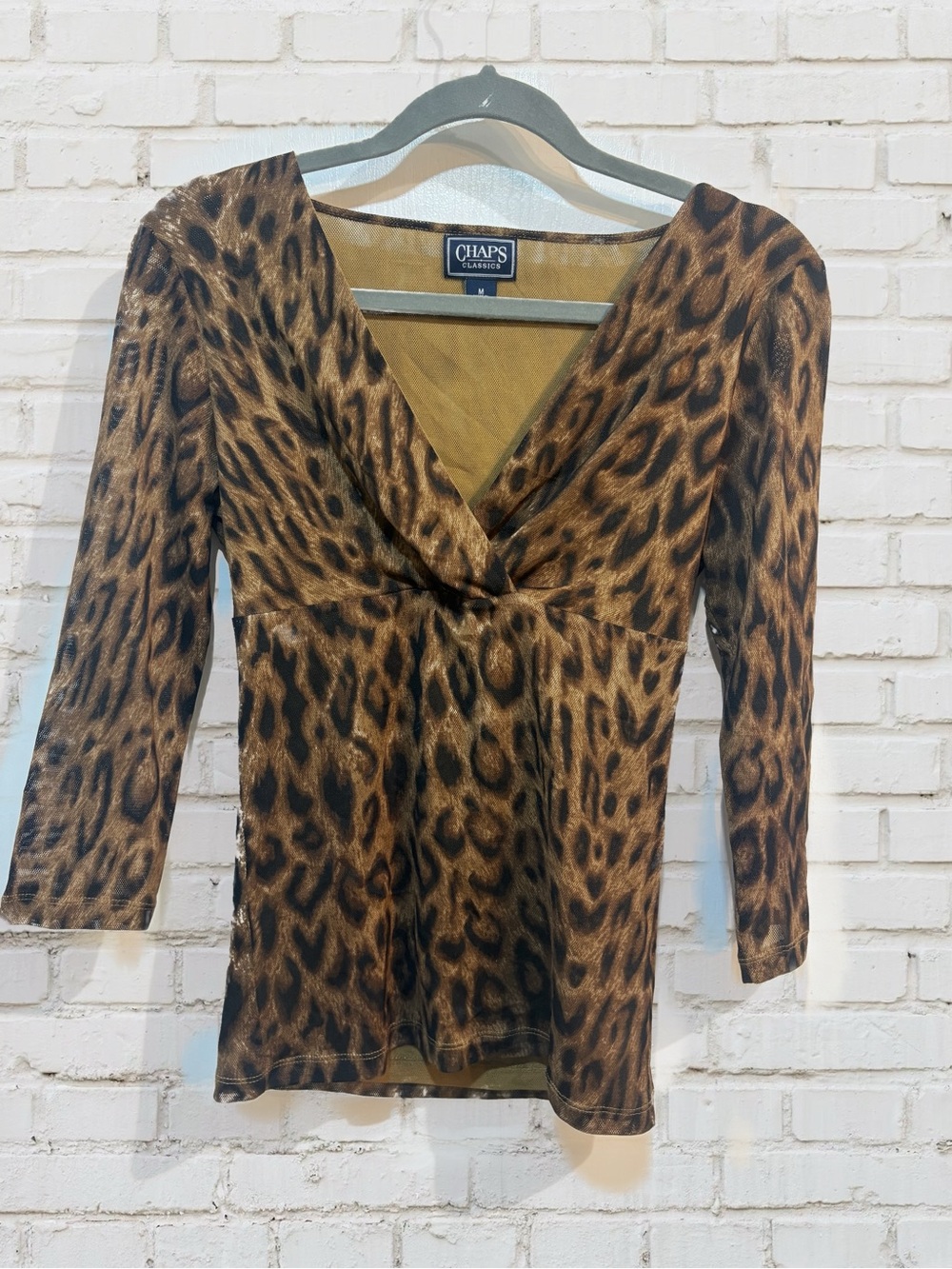 Y2K CHAPS Classics Leopard Print Mesh Wrap Top Tunic Quarter Sleeve